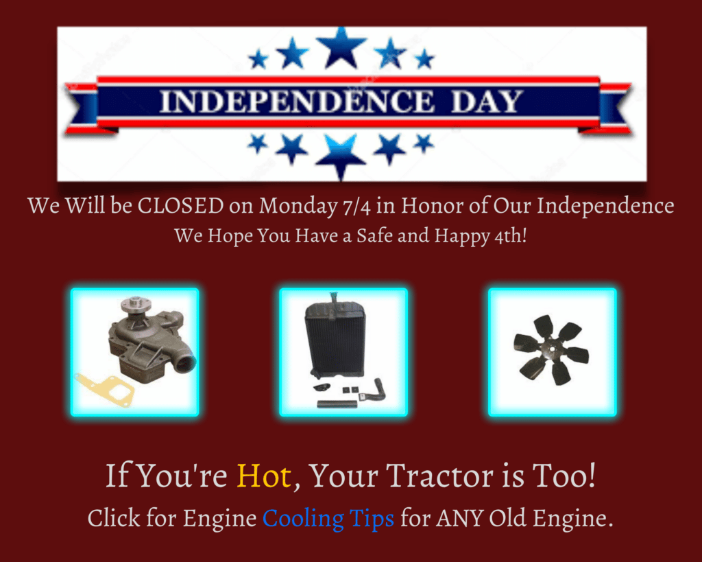 banner at the top of image with red white and blue stars and stripes with a ribbon that says independence day we are closed gulf south equipment sales july 4th 2022 picture of tractor radiator water pump and fan click to see tips to cool your tractor this summer