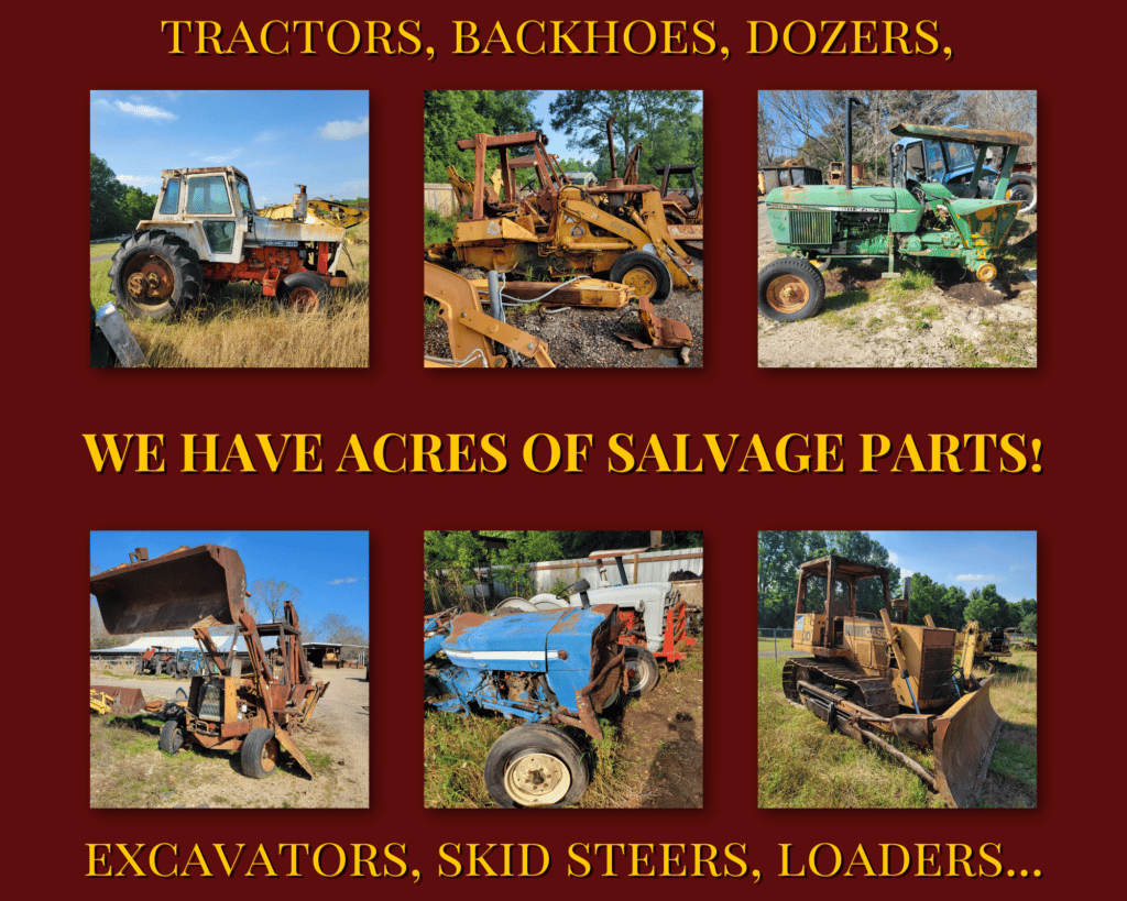 we have acres of salvage parts tractors backhoes dozers excavators, skid steers, excavators and more with images of three tractors a loader a backhoe and an excavator on our yard gulf south equipment sales baton rouge louisiana