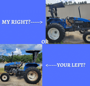 my right pointing to a picture of the right hand side of a ts100 ford new holland tractor my lfet pointing to left side of same