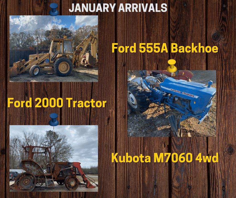 january 223 salage arrivals 555a bachoe, ford 2000 tractor Kubota M7040 4wd