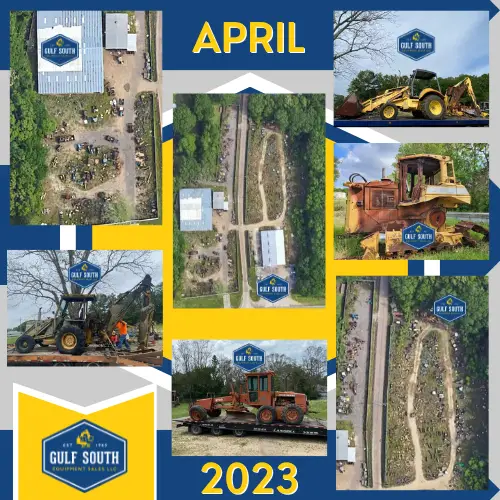 april salvage recap caterpillar d6r dozer john deere 570A motor graded 555 ford backhoe new holland lb75b backhoe aerial view of the yard