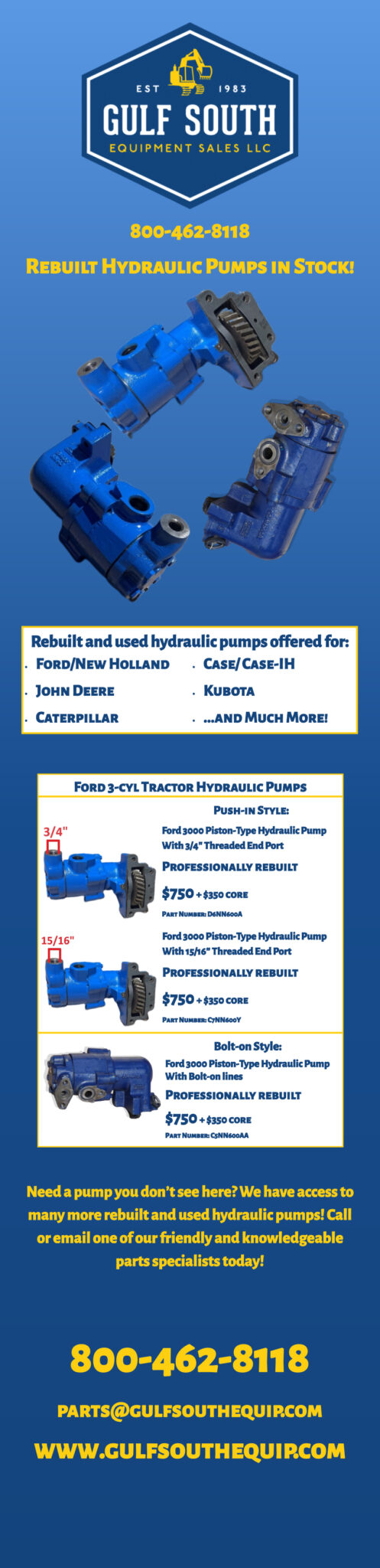 We have rebuilt, used, and aftermarket new hydraulic pumps in stock for Ford, Case, Massey Ferguson, and more!