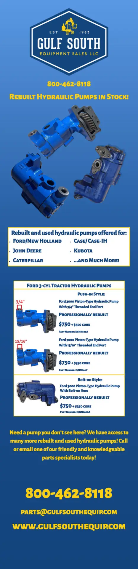 We have rebuilt, used, and aftermarket new hydraulic pumps in stock for Ford, Case, Massey Ferguson, and more!